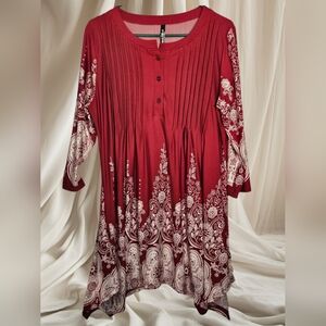 White Mark Burgundy Floral L- Sleeve Button Neckline Shark Byte Tunic Blouse-1XL